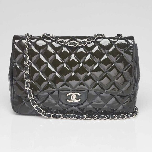 Chanel Dark Blue Quilted Patent Leather Classic Jumbo Single Flap Bag - Picture 1 of 11
